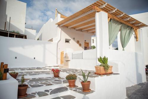 纳克索乔拉Mythical Luxury Apartment的白色建筑中种有盆栽植物的庭院