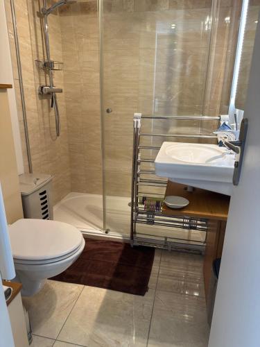 拉卡诺OCEAN VIEW的带淋浴、卫生间和盥洗盆的浴室