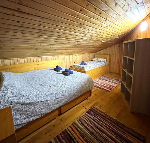 普雷代亚尔Casuta noastra din Predeal的大型木制客房,配有两张床