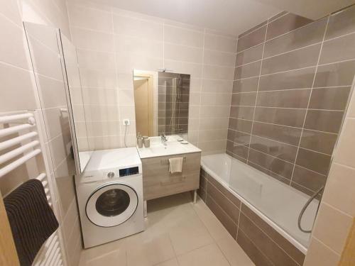埃维昂莱班Superbe appartement Evian的白色的浴室内配有洗衣机。