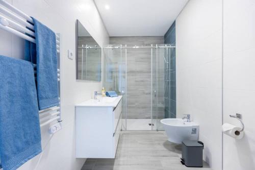 布尔高The Hub central apartment Burgau的白色的浴室设有水槽和淋浴。