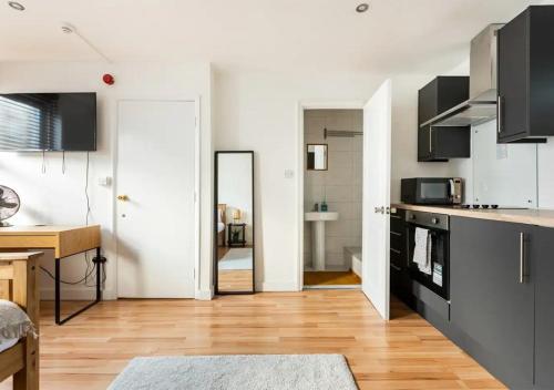 伦敦Modern Studio Apartment In Shoreditch的厨房配有黑色橱柜和木地板