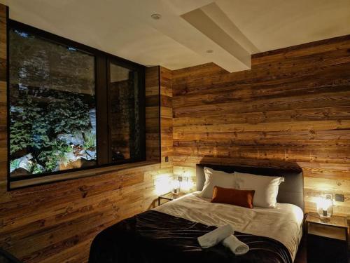 安锡Le Enecy - Spa - Cœur Vieille ville的一间卧室设有木墙、一张床和两盏灯。