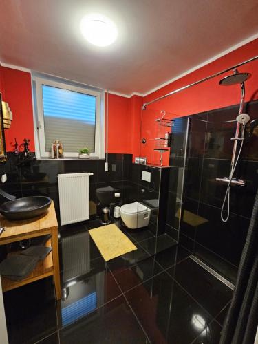 凯撒斯劳滕Bismarck-Apartment的浴室设有红色的墙壁、淋浴和水槽