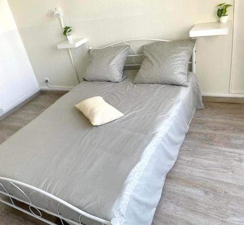 鲁昂Votre chambre chez l'habitant dans la capitale de la Normandie的客房内的白色床和枕头