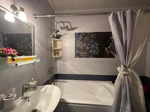 第比利斯AnnaMari的带浴缸、水槽和淋浴帘的浴室