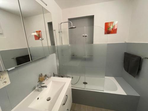 蒙泰Les Dents-du-Midi的带淋浴、盥洗盆和浴缸的浴室
