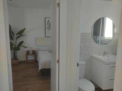 拉斯内格拉斯Apartamentos Cala San Pedro的一间带卫生间、水槽和镜子的浴室