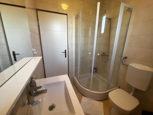 罗佐瓦克Apartments Village的带淋浴、卫生间和盥洗盆的浴室