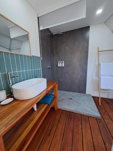 圣卡洛斯PRANA hOMe的带浴缸的浴室,铺有木地板