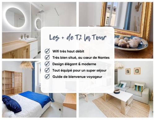 南特Machines de l'île - Fibre - Netflix - T2 LA TOUR的一张床铺和镜子的房间照片的拼合