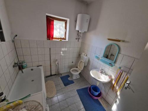 莫斯塔尔Rustical Olive House的浴室配有盥洗盆、卫生间和浴缸。