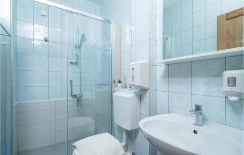 杜布罗夫尼克Awesome Apartment In Dubrovnik With Jacuzzi的一间带水槽、卫生间和淋浴的浴室