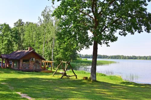 莫雷泰Duriu sodyba的湖畔带游乐场的房子