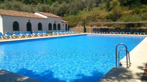 阿拉色那Finca Valbono Apartamentos Rurales y Hotel的一座带蓝色椅子的游泳池和一座建筑