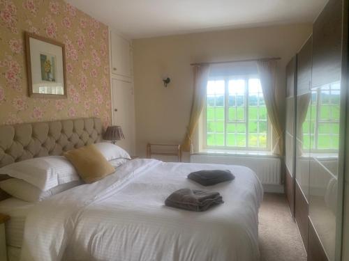 MeifodMid-Wales Farmhouse, swimming pool, tranquil countryside views, sleeps 14的一间卧室配有一张床,上面有两条毛巾