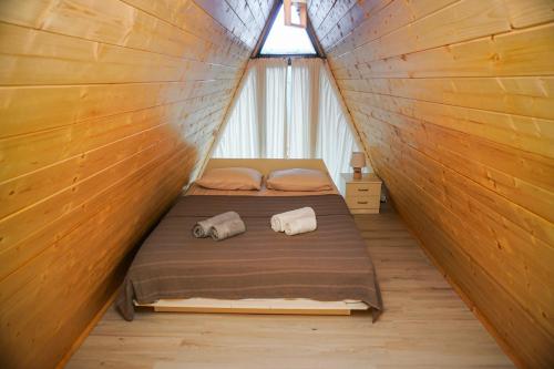 第比利斯Tbilisi Sea Breeze的帐篷内的一张床位,上面有两个枕头