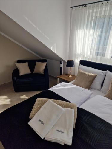 达尔沃沃Apartamenty Malaga II的一间带两张床和一张沙发的卧室