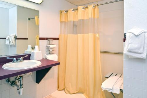 本顿Country Garden & Suites的浴室配有淋浴帘和盥洗盆。