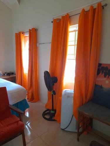 CarriacouAlexander's Apartment Carriacou的橙色窗帘、床和窗户的房间