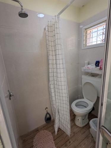 萨法德חדר אירוח צפתי לזוג的一间带卫生间和淋浴帘的浴室