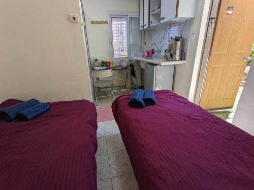 萨法德חדר אירוח צפתי לזוג的配有紫色毯子的小客房内的两张床