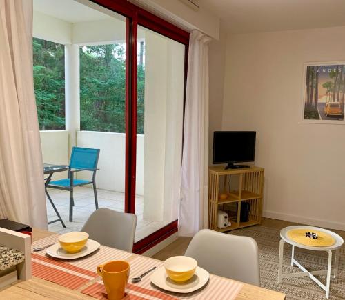 索尔特奥瑟戈尔Studio à côté du lac avec terrasse的客厅配有桌椅和电视。