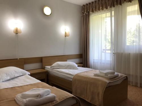 索瓦塔Hotel Hefaistos - Sovata的酒店客房设有两张床和窗户。