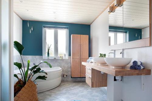 StenbjergStone Mountain BnB的浴室配有2个盥洗盆和1个浴缸。