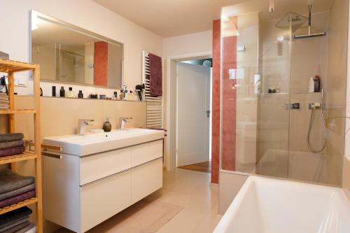 埃佩尔海姆Design Apartment in Eppelheim的浴室配有水槽、淋浴和浴缸。