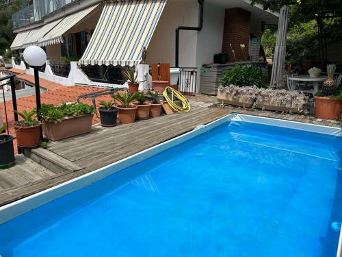 塞博尔加117 - Villa Bellavista a Seborga, Vista mare e Piscina a 15 minuti dalle spiaggia的一座种植了盆栽植物的甲板上的蓝色游泳池
