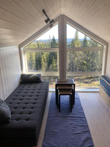 Nord TorpaSykkelhytte ved Slåtten i Synnfjellet的带沙发和大窗户的客厅
