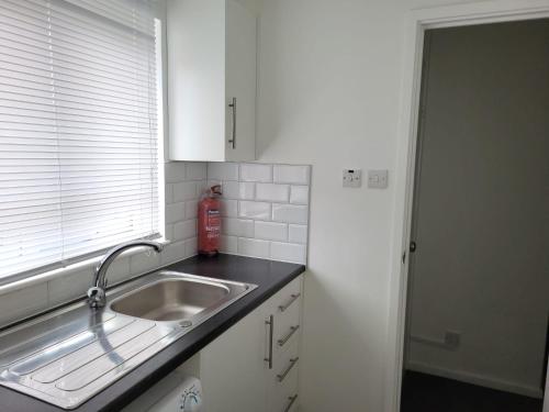 伦敦Delight Apartment, Close to Excel, London City Airport & O2!的带水槽的厨房台面和窗户