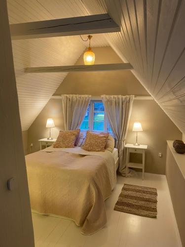 HårlevSofie's Hus - Munkgaard Bed & Breakfast的一间卧室设有一张大床和一个窗户。