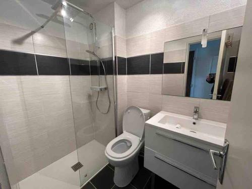 特雷甘克Appartement vue mer et port的浴室配有卫生间、盥洗盆和淋浴。