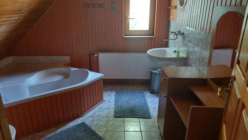 Lom nad RimavicouKoliba Drabsko的一间带大浴缸和水槽的浴室