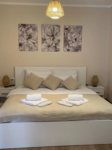 SurčinAirport Alexandra Apartments的一间卧室配有一张床,上面有两条毛巾