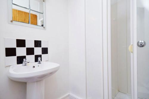 科克Bru Bar & Hostel的白色的浴室设有水槽和淋浴。