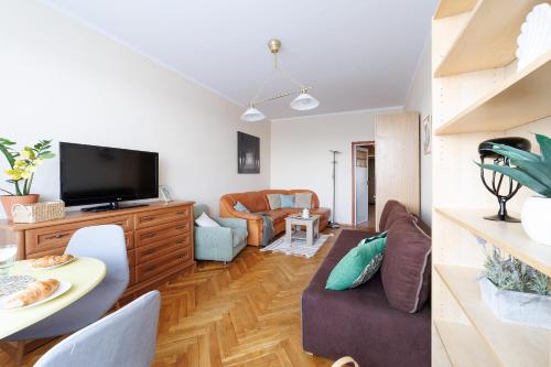 格但斯克Apartament 2 pokoje blisko morza 1000 metrów w Gdańsku的带沙发和电视的客厅