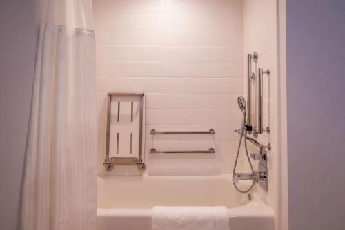 堪萨斯城Hilton Garden Inn Kansas City Airport Mo的带浴缸和淋浴帘的浴室