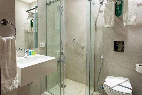 安曼丽塔佳酒店的带淋浴、盥洗盆和卫生间的浴室