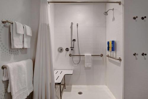 哥伦比亚Tru By Hilton Columbia Greystone的带淋浴和盥洗盆的白色浴室
