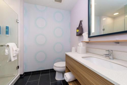 埃尔克哈特Tru By Hilton Elkhart, In的一间带卫生间、水槽和镜子的浴室