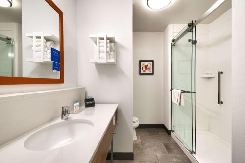 西班牙福克Hampton Inn & Suites Spanish Fork, Ut的一间带水槽和淋浴的浴室