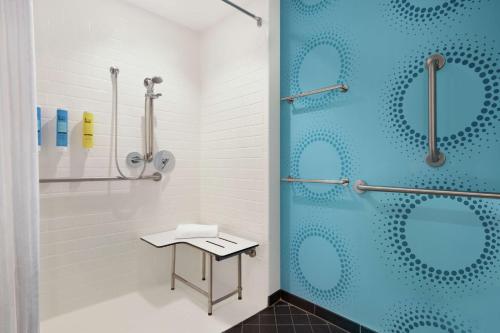 灵戈尔德Tru By Hilton Ringgold, Ga的带淋浴的浴室和蓝色玻璃门