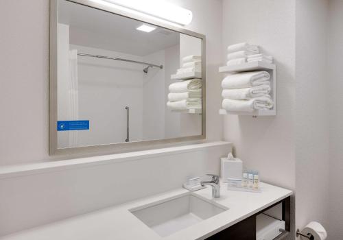 森林湖Hampton Inn by Hilton Irvine Spectrum Lake Forest的浴室配有盥洗盆、镜子和毛巾