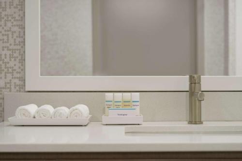 马丁斯堡Home2 Suites By Hilton Martinsburg, Wv的浴室水槽、卫生纸卷和镜子
