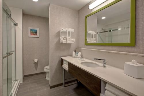 布罗克维尔Hampton Inn Brockville, On的一间带水槽、镜子和卫生间的浴室