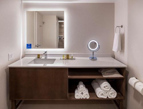 麦迪逊Doubletree By Hilton Madison East的浴室配有盥洗盆、镜子和毛巾