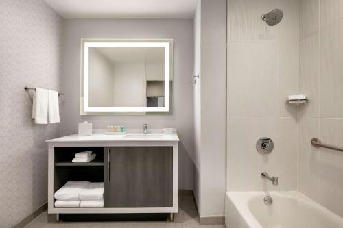 亚特兰大Embassy Suites by Hilton Atlanta Midtown的浴室配有盥洗盆、镜子和浴缸